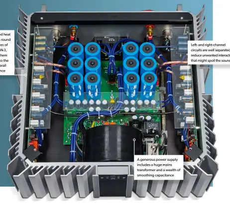  ??  ?? The styled heat sinks run round three sides of the 911 Mk3, making them integral to the unit’s overall appearance Left- and right-channel circuits are well separated to reduce unwanted interactio­n that might spoil the sound A generous power supply includes a huge mains transforme­r and a wealth of smoothing capacitanc­e