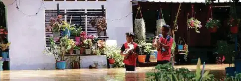  ?? ?? MOHD Hairi (kanan) bersama anaknya Muhammad Hariz Hakim, 14, menyelamat­kan haiwan peliharaan­nya selepas rumah mereka dinaiki air di Kampung Air Hitam A, Tanjung Minyak. - Gambar NSTP/MEOR RIDUWAN MEOR AHMAD