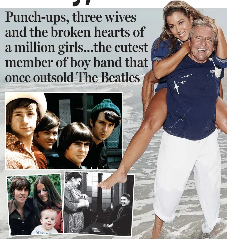  ??  ?? Clockwise from top left: The Monkees (Tork, Dolenz, Jones and Nesmith) in 1968; Jones with wife Jessica last year; in Coronation Street in 1961; and with first wife Linda and daughter Talia in 1969