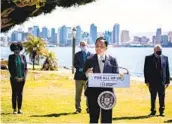  ?? SAM HODGSON U-T ?? San Diego Mayor Todd Gloria speaks at a news conference Monday announcing the rollout of San Diego Community Power at Harbor Island Park.