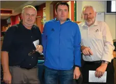  ??  ?? John Reidy, Maurice Lyons and Moss Kennedy pictured at the ‘Threshing Cancer’ night at the dogs fundraiser on Saturday night.