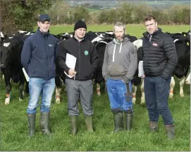  ??  ?? Patrick Dennehy from Kilbrin (third from left) with Origin Green judges ) Stuart Childs, Teagasc; Damien Murray, Bord Bia and Aidan Brennan, Irish Farmers Journal.