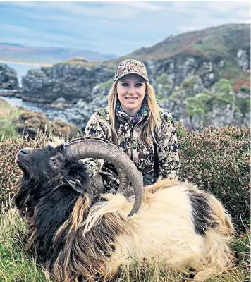  ??  ?? Larysa Switlyk, above, in one of the pictures she posted on social media, boasting of shooting a goat with a “200-yard shot” during a “fun hunt” on Islay. Top left, Switlyk poses with a fellow hunter and another kill