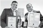  ??  ?? Group Chief Human Resources Officer Sanjeewa Serasinghe and Group Chief Executive officer Dr. Prasad Medawatta with the two HR awards won at ‘2017 Best Employer Brand Award’ and ‘Asia’s Best Employer Brand Award’