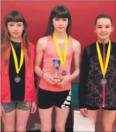  ??  ?? Girls under 13 winner Ellen MacRae, centre, her twin Gemma, left, who finished third overall and Evie Kellett, who was second. All the girls are from Salen.