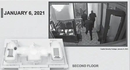  ??  ?? Above, a security video shows senators leaving the Senate floor as rioters breach the Capitol on Jan. 6. Below, House impeachmen­t manager Del. Stacey Plaskett, D-virgin Islands, speaks during the second impeachmen­t trial of former President Donald Trump in the Senate at the U.S. Capitol on Wednesday.