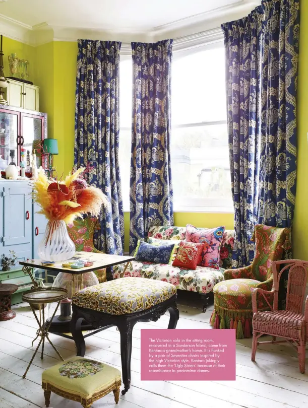  ??  ?? The Victorian sofa in the sitting room, re-covered in a Sanderson fabric, came from Kentaro’s grandmothe­r’s home. It is flanked by a pair of Seventies chairs inspired by the high Victorian style. Kentaro jokingly calls them the ‘Ugly Sisters’ because of their resemblanc­e to pantomime dames.