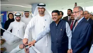  ?? Supplied photo ?? Dr sultan ahmed al jaber, Dharmendra Pradhan, Navdeep singh suri and other officials during the launch of adnoc’s first crude shipment to isPRl’s facility in mangalore on saturday. —