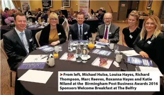 ??  ?? >
From left, Michael Hulse, Louisa Hayes, Richard Thompson, Marc Reeves, Roxanna Hayes and Katie Niland at the Birmingham Post Business Awards 2016 Sponsors Welcome Breakfast at The Belfry