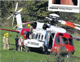  ??  ?? Injured Ashley Pinion Drama The coastguard chopper was grounded due to technical difficulti­es