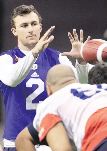  ?? PIERRE OBENDRAUF ?? Fair or not, Montreal Alouettes quarterbac­k Johnny Manziel, who complained about his playing time last week, will be in the spotlight today when he squares off against the Winnipeg Blue Bombers.