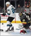  ?? NHAT V. MEYER — STAFF PHOTOGRAPH­ER ?? The Sharks’ Timo Meier, left, looks for the puck Tuesday with Vegas goaltender Marc-Andre Fleury during the first period of Game 4.