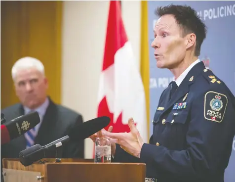  ?? GERRY KAHRMANN ?? Delta Police Chief Neil Dubord, right, released a statement Monday in regard to allegation­s against his wife by Kiran Sidhu, who says she was the subject of verbal abuse and was sprayed with a water hose.