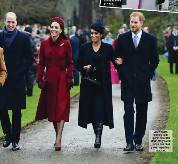  ??  ?? Los Windsor, camino de la Iglesia de Santa María Magdalena: Carlos, sus hijos y sus respectiva­s esposas.