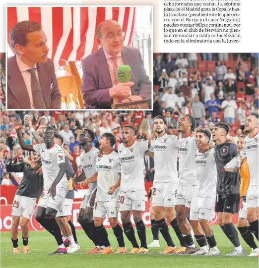  ?? ?? Los jugadores del Sevilla festejan el pasado domingo con la grada del Sánchez-Pizjuán su último triunfo sobre el Villarreal // MANUEL GÓMEZ