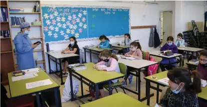  ?? (Gershon Elinon/Flash90) ?? STUDENTS AT the Orot Etzion school in Efrat wear protective face masks as they return to school in early May for the first time since the outbreak of the coronaviru­s.