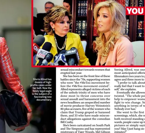  ??  ?? Gloria Allred has dozens of highprofil­e cases under her belt. Now the feisty legal eagle is the subject of a fascinatin­g new documentar­y. At a news conference­s in Los Angeles with transgende­r beauty contestant Jenna Talackova in 2012. After Talackova...