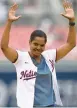  ?? NICK WASS/AP ?? Soccer legend Briana Scurry reacts after throwing out the ceremonial first pitch before a Nationals game on June 11.