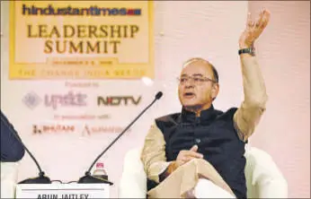  ?? HT PHOTO ?? Finance minister Arun Jaitley speaks at the Hindustan Times Leadership Summit in New Delhi on Friday. Jaitley stressed that the government’s demonetisa­tion move will be beneficial in the long run.