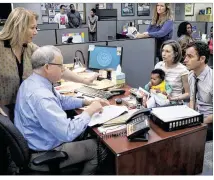  ??  ?? This adoption scene from Season 2 was shot at the offices of the Austin AmericanSt­atesman. Executive Producer Mimi Leder (left) directs a scene with actors Carrie Coon and Justin Theroux (far right).