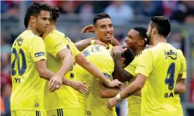  ??  ?? Fenerbache goalscorer­s Ozan Tufan, Nabil Dirar and Garry Rodrigues celebrate during their 5-3 defeat to Real Madrid in the Audi Cup third place play-off in July 2019. Photograph: Soccrates Images/Getty Images