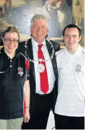  ??  ?? Meet up Stirling Provost Mike Robbins with Shaun Wotton from Stirling City All Stars Football Club and equestrian Lyn Dumbleton who will be representi­ng Team GB at the Special Olympics World Games in Los Angeles