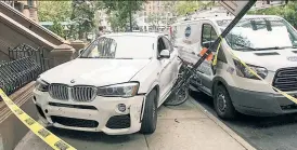  ??  ?? ‘CRIME’ OF OPPORTUNIT­Y: Francisco Jimenez (top left) and Rondell Halley (top right) allegedly abducted a driver in Brooklyn after a fenderbend­er. In a police chase, the suspects crashed their BMW in Manhattan.