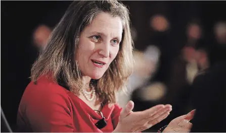  ?? JOHN WOODS THE CANADIAN PRESS ?? Chrystia Freeland, Minister of Foreign Affairs, is warning that the global trading order faces its greatest threat since the Second World War.