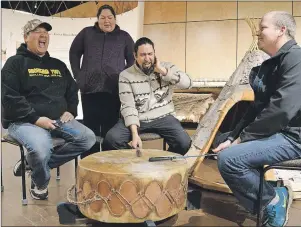  ?? CAPE BRETON POST PHOTO ?? Members of the Sons of Membertou practise at Membertou Heritage Park on Wednesday. From left are Austin Christmas, Shaylene Johnson, Jeff Ward and Brian Marshall. Missing from the photo is J.R. Isadore. The Mi’kmaq drumming and singing group will...