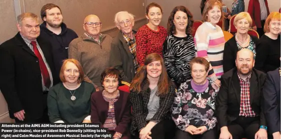  ??  ?? Attendees at the AIMS AGM including president Séamus Power (in chains), vice-president Rob Donnelly (sitting to his right) and Colm Moules of Avonmore Musical Society (far right)