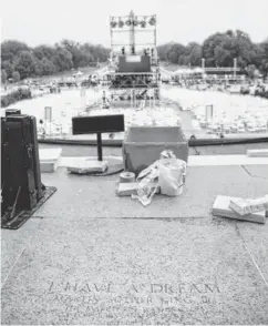  ?? CAROLYN KASTER, AP ?? The exact location where Martin Luther King gave his “I Have a Dream” speech is marked at the Lincoln Memorial in Washington.