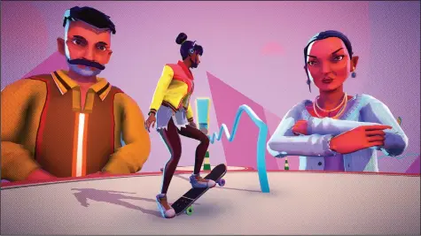  ?? (Photo courtesy of Outerloop Games) ?? With some surreal skateboard­ing, Jala confronts her loved ones in the breakup simulator video game “Thirsty Suitors.”