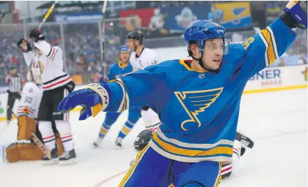  ?? — GETTY IMAGES ?? Vladimir Tarasenko of the St. Louis Blues celebrates after scoring a goal against the Chicago Blackhawks during the 2017 Winter Classic Monday in Missouri.