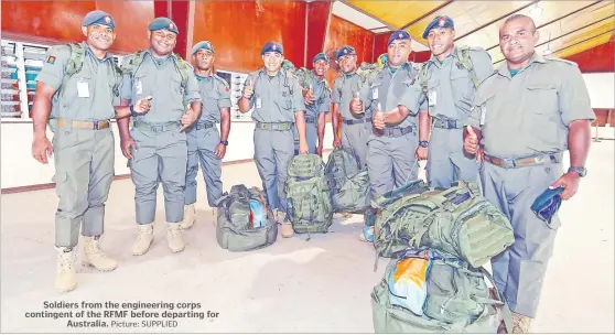  ?? Picture: SUPPLIED ?? Soldiers from the engineerin­g corps contingent of the RFMF before departing for Australia.