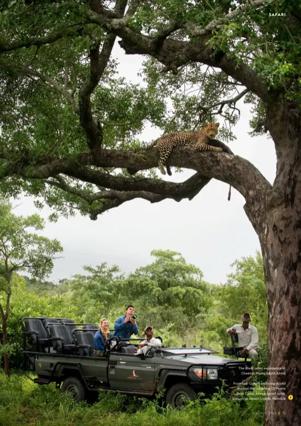  ?? ?? The silent safari experience at
Cheetah Plains, South Africa
From top: Guests enjoying drinks around the campfire, Ol Pejeta Bush Camp, Kenya; guest suite, Sossusvlei Desert Lodge, Namibia