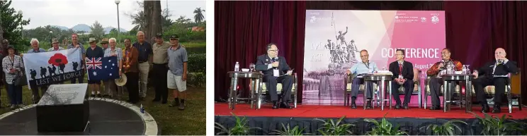  ?? — JasToN NG ?? members of the ‘malaya at War’ conference tour at the Parit sulong memorial in Johor. members of the ‘Preserving War historical sites and Promoting military history Tourism in malaysia’ panel: (from left) moderator seumas Tan, ong, yong, Zafrani arifin and Weatherall.