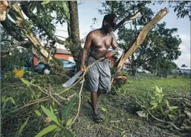  ??  ?? JERRY THOMAS, who rode out Irma in his Immokalee home, uses a machete to cut up a tree that fell in his yard. “I need someone with a chain saw,” he said.
