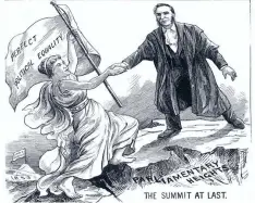  ?? Photo: ALEXANDER TURNBULL LIBRARY Ref: PUBL-0126-1894-01 ?? A newspaper cartoon celebrates New Zealand’s groundbrea­king law giving women the vote in 1893.