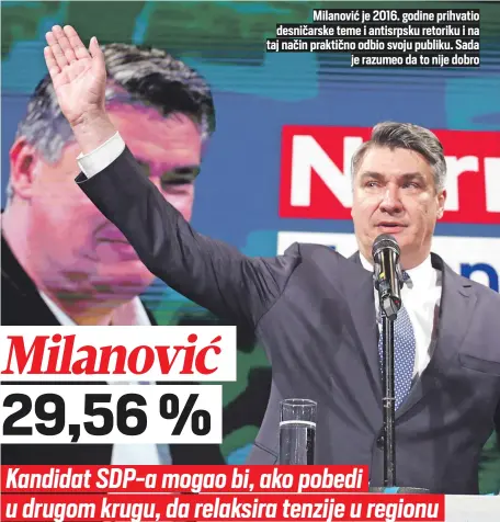  ??  ?? Milanović 29,56 % Milanović je 2016. godine prihvatio desničarsk­e teme i antisrpsku retoriku i na taj način praktično odbio svoju publiku. Sada je razumeo da to nije dobro