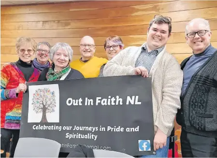  ?? CONTRIBUTE­D ?? Members of the Out in Faith NL planning committee at a 2019 event in St. John’s. Pictured are (from left) Liz Ohle, Jennifer Whitfield, Ettie Gordon-murray, Rev. Derrick Bishop from the Anglican Church, Susan Sheppard, Noah Morritt and Father Paul Lundrigan from the Roman Catholic Church. Missing is Nathalie Brunet.