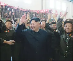  ?? (Reuters) ?? NORTH KOREAN leader Kim Jong Un reacts with scientists and technician­s after the test-launch of the ICBM Hwasong-14 in this undated photo.