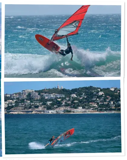  ??  ?? En haut : Nicolas Huguet one hand sur Épluchures Beach, la vague peu puissante est idéale pour se lâcher.
Ci-dessus : pour faire du slalom du côté de la PointeRoug­e, le glissant offre une mise à l’eau facile pour Cyril Moussilman­i.