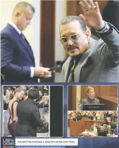  ?? — REUTERS ?? From top: Johnny Depp waves to the courtroom gallery; a smiling photo of Heard and Depp at the 2015 premiere of Mortdecai after she claimed she had been assaulted was shown in court.