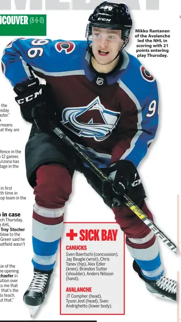  ??  ?? Mikko Rantanen of the Avalanche led the NHL in scoring with 21 points entering play Thursday.
