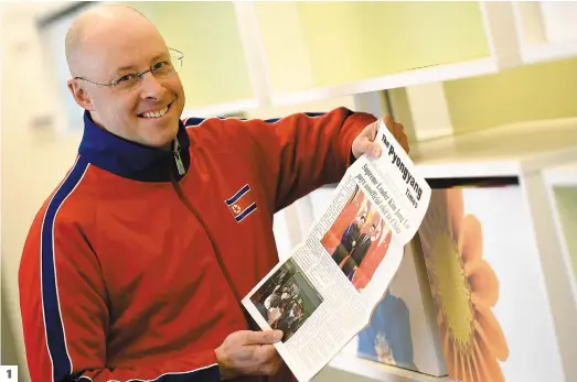  ?? PHOTOS STEVENS LEBLANC ET COURTOISIE ?? 1. Patrick Arsenault avait été bien averti de ne pas plier le journal local sur la photo des dirigeants du pays, ce qui aurait été considéré comme un manque de respect. 2. Dès son arrivée, il a été accueilli par deux guides qui l’ont suivi tout au long...