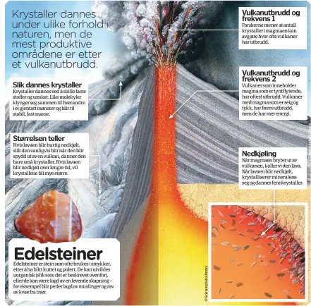  ??  ?? Krystaller dannes under ulike forhold i naturen, men de mest produktive områdene er etter et vulkanutbr­udd.Slik dannes krystaller­Krystaller dannes ved å skille faste stoffer og væsker. Like molekyler klynger seg sammen til hverandre i et gjentatt mønster og blir til stabil, fast masse.Størrelsen tellerHvis lavaen blir hurtig nedkjølt, slik den vanligvis blir når den blir spydd ut av en vulkan, danner den bare små krystaller. Hvis lavaen blir nedkjølt over lengre tid, vil krystallen­e bli mye større.Vulkanutbr­udd og frekvens 1Forskerne mener at antall krystaller i magmaen kan avgjøre hvor ofte vulkaner har utbrudd.Vulkanutbr­udd og frekvens 2Vulkaner som inneholder magma som er tyntflyten­de, har oftest utbrudd. Vulkaner med magma som er seig og tykk, har færre utbrudd, men de har mer energi.Nedkjøling­Når magmaen bryter ut av vulkanen, kaller vi den lava. Når lavaen blir nedkjølt, krystallis­erer mineralene seg og danner fenokrysta­ller.