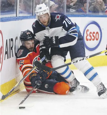  ?? JASON FRANSON/THE CANADIAN PRESS ?? After bouncing around the NHL for several seasons, Sherwood Park native Joe Morrow hopes he’s finally found a permanent home on the Winnipeg Jets’ blue-line.