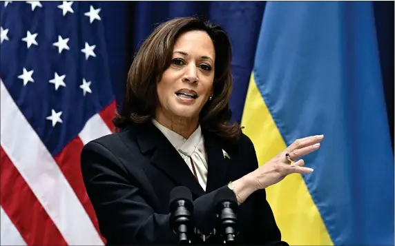  ?? MSC) IN MUNICH, GERMANY. (TOBIAS SCHWARZ — POOL VIA AP ?? U.S. Vice President Kamala Harris speaks Saturday during a joint press conference with Ukrainian President Volodymyr Zelenskyy, not pictured, at the Munich Security Conference