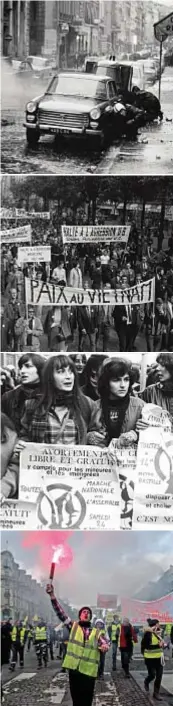  ?? ?? La Francia ha una lunga tradizione di proteste di piazza: qui due uomini si proteggono durante i disordini civili a Parigi
del maggio 1968
Manifestan­ti mostrano i loro striscioni in una strada di Parigi durante un corteo per la pace in
Vietnam
Aprile 1979, la capitale francese è percorsa dai cortei a sostegno del diritto
all’aborto
Il fenomeno dei Gilet Gialli, nato nel novembre 2018,
come protesta per l’aumento dei
prezzi: qui una manifestaz­ione del
febbraio 2019