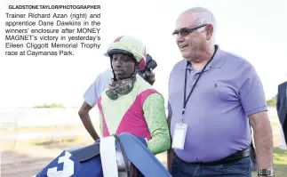  ?? GLADSTONE TAYLOR/PHOTOGRAPH­ER ?? Trainer Richard Azan (right) and apprentice Dane Dawkins in the winners’ enclosure after MONEY MAGNET’s victory in yesterday’s Eileen Cliggott Memorial Trophy race at Caymanas Park.